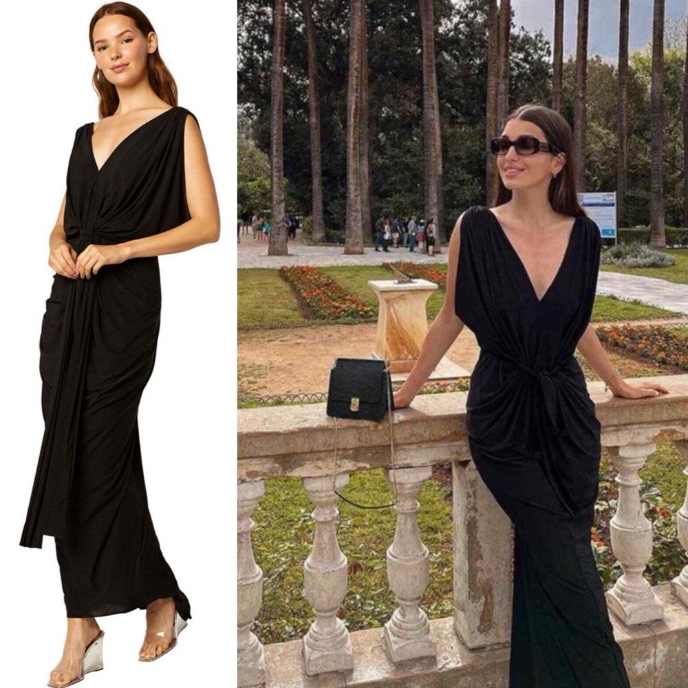 MISA Xenia Crepe Dress Black V Neck Statement Knot